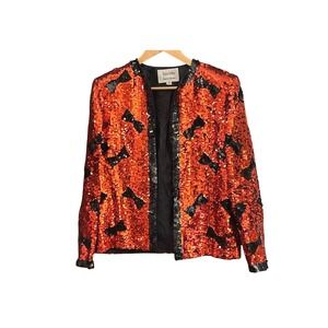 Vintage 80s Nolan Miller Dynasty Red Sequin Jacket Glam Statement Open Front
